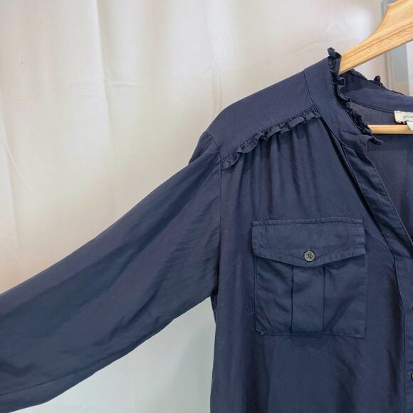 SUNDANCE  Size S Ruffle Button Down Shirt V Neck Tunic Long Sleeve Viscose Blue - Picture 4 of 9